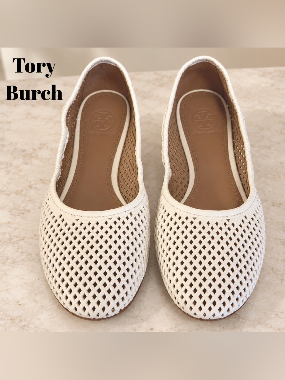 Tory Burch Whitaker Off White Perforated Leather Ballet Flats EUC Size 7